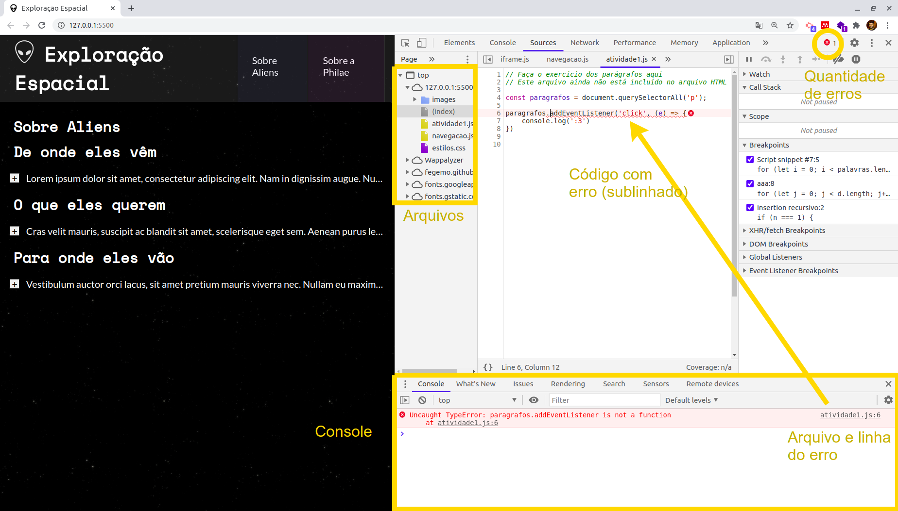 Descrição de uso das ferramentas de desenvolvedor para JavaScript no chrome