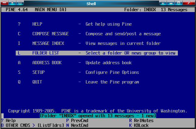 Tela do cliente de E-mail Pine