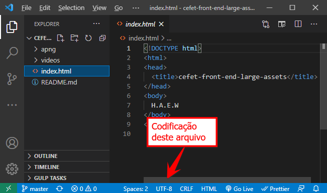 Foto do VS Code mostrando a codificação do arquivo aberto