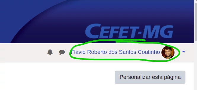 Tela do Moodle mostrando o nome do usuário que está logado